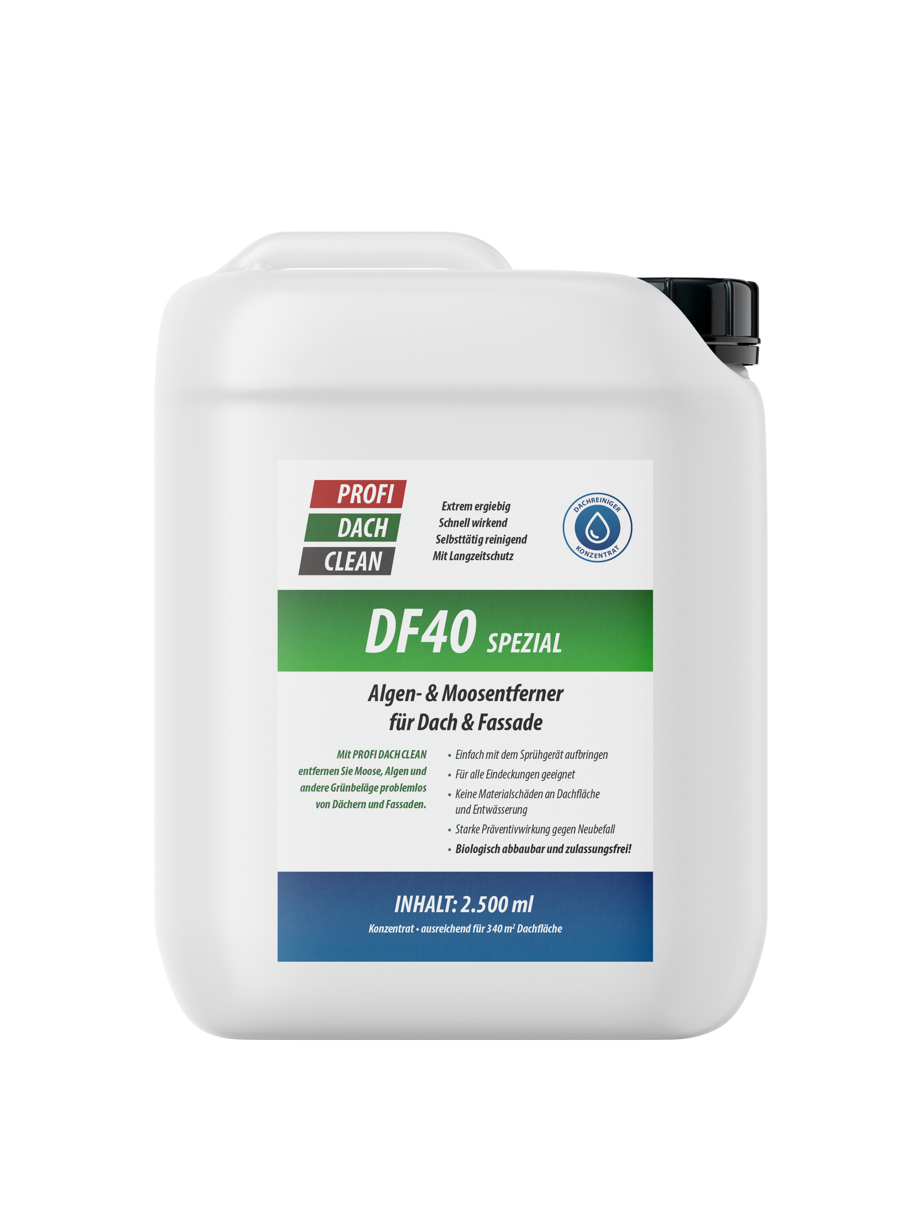 Profidachclean 1L Flasche – professioneller Reiniger gegen Algen, Moos und Grünbelag auf Dach, Fassade und Stein, konzentrierte Formel für langanhaltenden Schutz