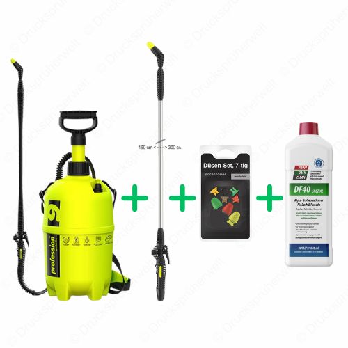 Profession 9 Liter Drucksprüher mit ausziehbarer T300 Teleskoplanze, 7-teiligem Düsen-Set und 1 Liter Profidachclean Algen- und Moosentferner für Dach, Pflaster und Fassade