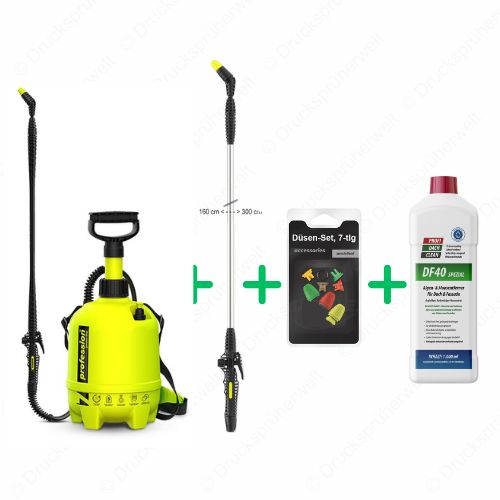 Profession 7 Liter Drucksprüher mit ausziehbarer T300 Teleskoplanze, 7-teiligem Düsen-Set und 1 Liter Profidachclean Algen- und Moosentferner für Dach, Pflaster und Fassade
