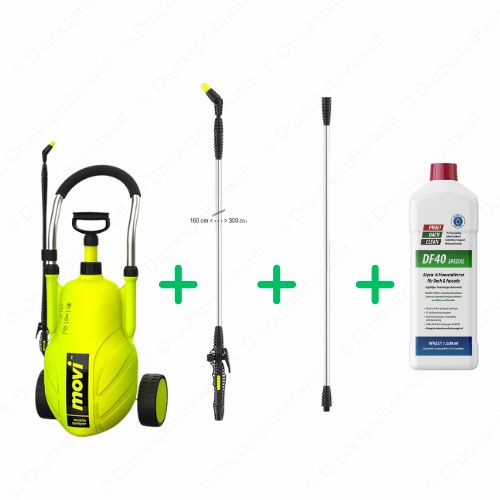 Movi 18 Liter Trolley Drucksprüher mit T300 Teleskoplanze bis 3 m ausziehbar, zusätzlicher T100 Verlängerung und DF40 Profidachclean zur Fassaden- und Dachreinigung