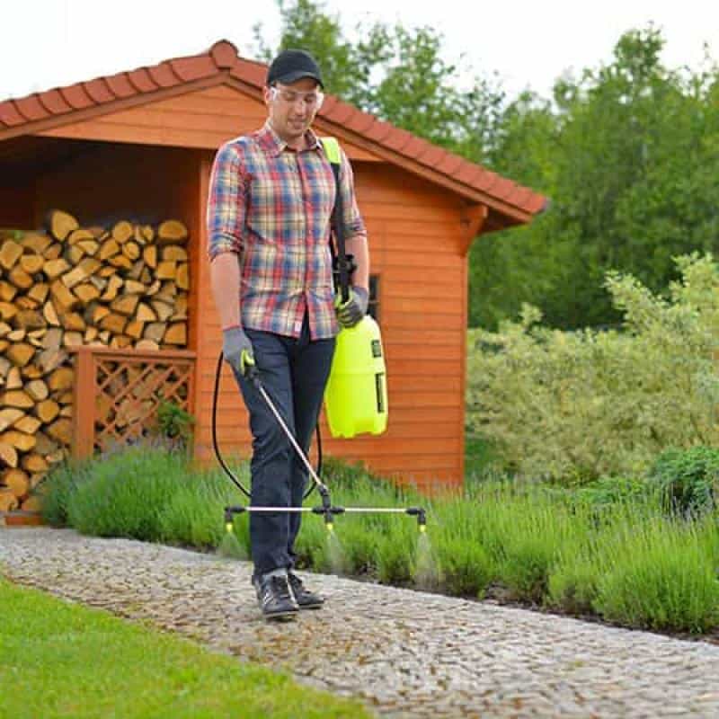 Marolex Drucksprühers mit 3-strahligem Flächensprüharm beim Sprühen eines Gehwegs – ideal für die gezielte Reinigung von Pflastersteinen und Flächenbehandlung gegen Moos und Algen