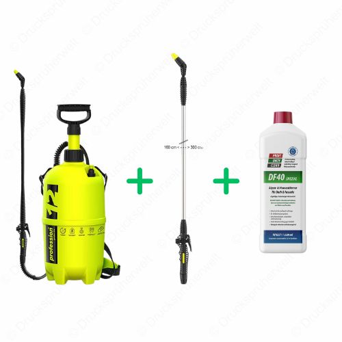 Profession 12 Liter Drucksprüher mit 1,6–3,0 m Teleskoplanze und DF40 Spezial Algen- und Moosentferner, ideal für Dach-, Fassaden- und Steinreinigung