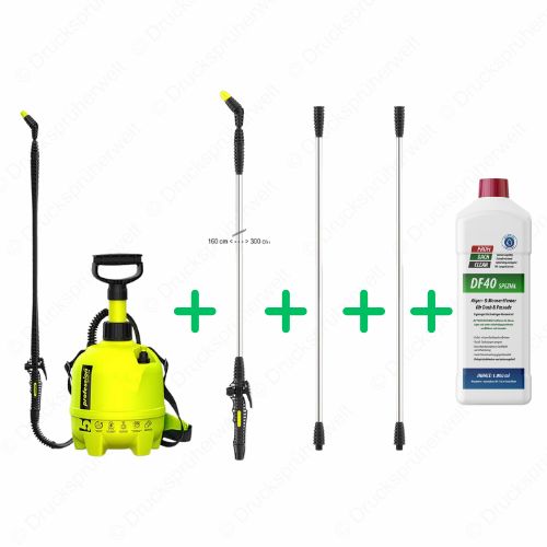 P5 Drucksprüher mit Teleskoplanze bis 3 m, zwei Lanzenverlängerungen und DF40 Spezial Algen- und Moosentferner, ideal für Dach- und Fassadenreinigung