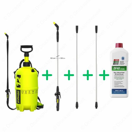 P12 Drucksprüher mit Teleskoplanze bis 3 m, zwei Lanzenverlängerungen und DF40 Spezial Algen- und Moosentferner, ideal für Dach- und Fassadenreinigung