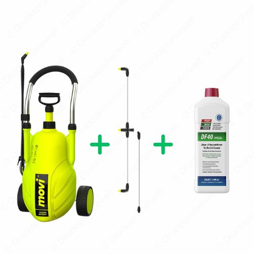 MX18 MOVI Drucksprüher mit 3-strahligem Flächensprüharm und DF40 Spezial Algen- und Moosentferner für großflächige Reinigungsarbeiten