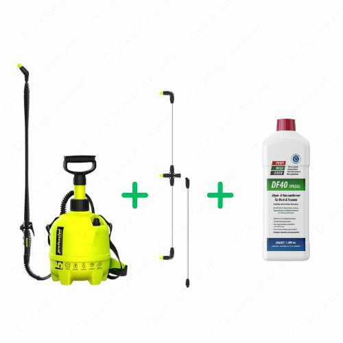 P5 Drucksprüher mit 3-strahligem Flächensprüharm und DF40 Spezial Algen- und Moosentferner, ideal für Dach- und Fassadenreinigung