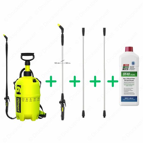 P9 Drucksprüher mit Teleskoplanze bis 3 m, zwei Lanzenverlängerungen und DF40 Spezial Algen- und Moosentferner, ideal für Dach- und Fassadenreinigung