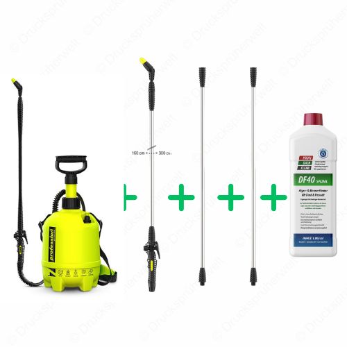 P7 Drucksprüher mit Teleskoplanze bis 3 m, zwei Lanzenverlängerungen und DF40 Spezial Algen- und Moosentferner, ideal für Dach- und Fassadenreinigung