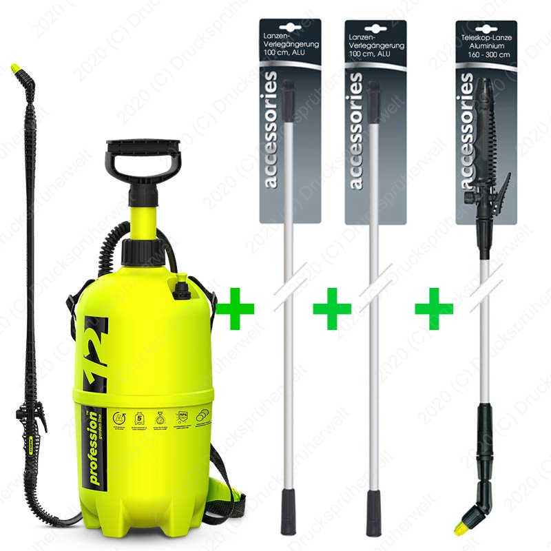 Profession 12 Liter Drucksprüher mit Teleskoplanze 1,6–3,0 m und zwei Aluminium-Lanzenverlängerungen à 100 cm, ideal für großflächige Anwendungen und Reinigung