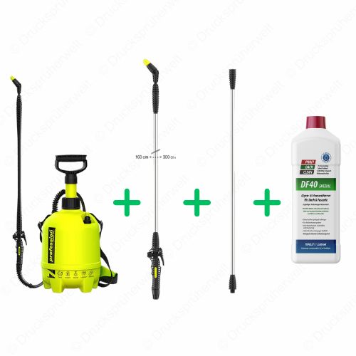 Drucksprüher mit Teleskoplanze, Lanzenverlängerung und DF40 Reiniger zur effektiven Fassaden- und Dachreinigung