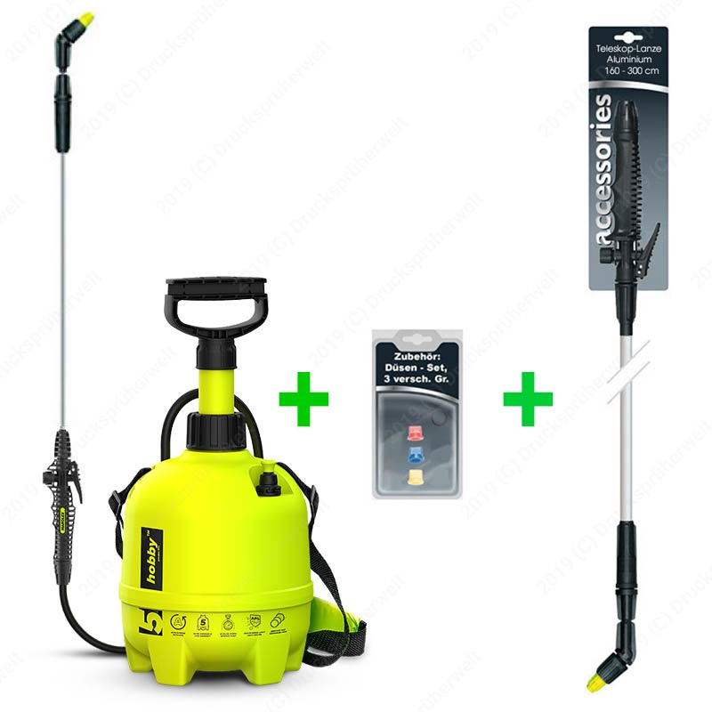 Drucksprüher mit 5 Liter Tank, Teleskoplanze 1,6–3,0 m und 3-teiligem Düsenset als Komplettset für Haus, Garten und Reinigung