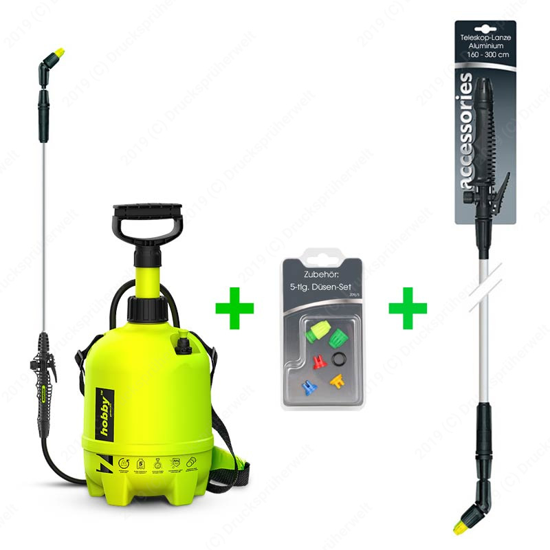 7 Liter Drucksprüher mit Teleskoplanze 1,6–3,0 m und 5-teiligem Düsenset als Komplettpaket für Garten, Reinigung und Pflanzenschutz