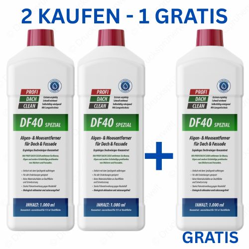 Angebot: Zwei Flaschen Profi Dachclean DF40 Spezial Algen- und Moosentferner kaufen und eine gratis erhalten – ideal zur Reinigung von Dach, Fassade und Steinflächen
