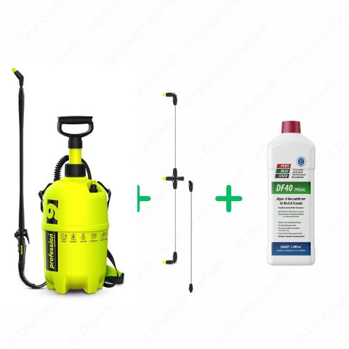 P9 Drucksprüher mit 3-strahligem Flächensprüharm und DF40 Spezialreiniger zur effektiven Entfernung von Algen und Moos