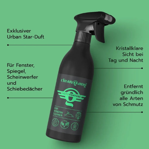 Cleangang Autoscheibenreiniger Flasche auf hellem Hintergrund – sorgt für streifenfreie Sauberkeit und klare Sicht auf Windschutzscheiben