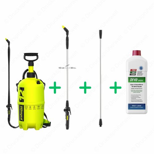 Profession 12 Liter Drucksprüher mit ausziehbarer T300 Teleskoplanze, 1 Meter Verlängerung und 1 Liter Profidachclean Algen- und Moosentferner für Dach und Fassade