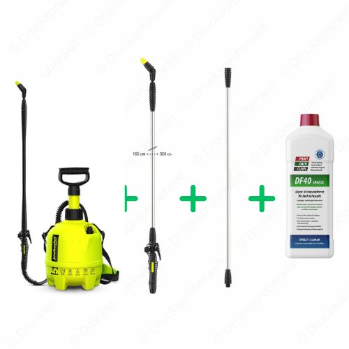 Profession 5 Liter Drucksprüher mit ausziehbarer T300 Teleskoplanze bis 3 Meter, 1 Meter Lanzenverlängerung und 1 Liter Profidachclean Algen- und Moosentferner für Dach und Fassade
