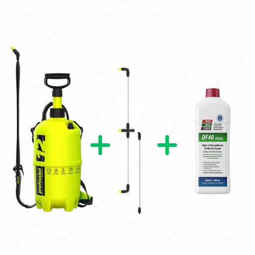 P12 Drucksprüher mit 3-strahligem Flächensprüharm und DF40 Spezial Algen- und Moosentferner für Dach- und Fassadenreinigung