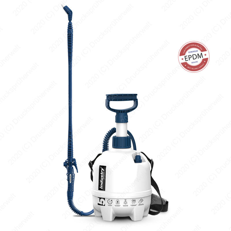 Industry Drucksprüher mit 5 Litern Fassungsvermögen und EPDM-Dichtungen, beständig gegen alkalische Reinigungsmittel und Essigsäure, ausgestattet mit ergonomischer Teleskoplanze und Tragegurt für komfortables Arbeiten